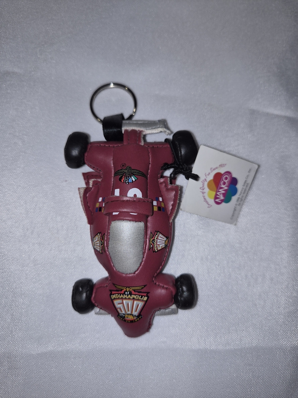 vintage 1997 Indianapolis 500 race car plush/faux-leather keychain made by Nanco